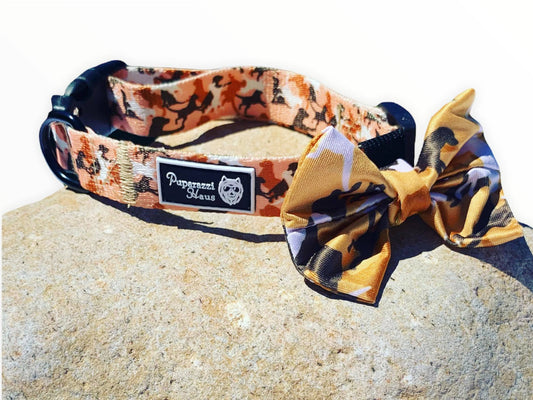 Yellow Camo Dog Collar with detachable dog bow. Puparazzi Haus Pet Store. Pet collar, dog accessories