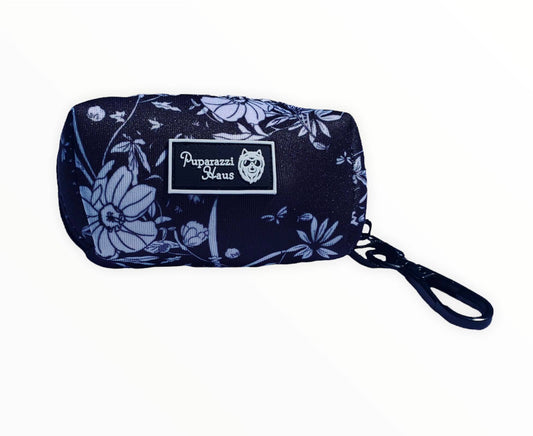 Puparazzi Haus gorgeous black dog poo bag holder with white flower design. Dog accessories
