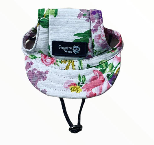 Adorable Puparazzi haus pretty flowers dog hat with draw string to keep it in place.